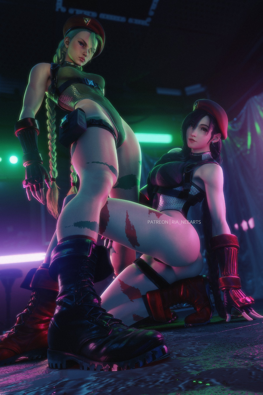 2girls 2women 3d 3d_(artwork) 3d_model black_hair blonde_hair blue_eyes cammy_white cammy_white_(cosplay) capcom cosplay crossover duo duo_female duo_focus female female/female female_human female_only final_fantasy final_fantasy_vii final_fantasy_vii_remake indoors red_eyes ria-neearts square_enix street_fighter street_fighter_6 tifa_lockhart viewed_from_below