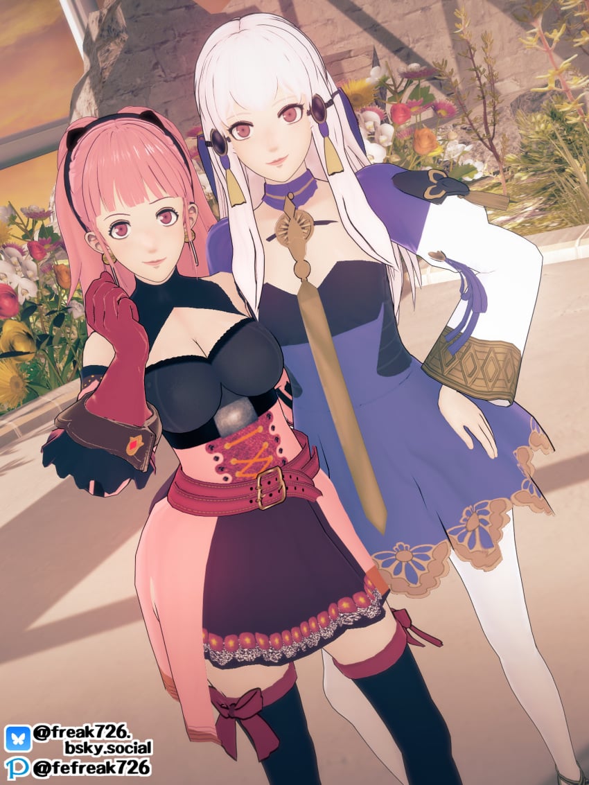 2girls 3d bangs breasts cleavage dress earrings fefreak726 female female_only fire_emblem fire_emblem:_three_houses gloves hilda_valentine_goneril long_hair looking_at_viewer lysithea_von_ordelia medium_breasts multiple_girls nintendo outdoors pink_eyes pink_hair ponytail small_breasts smile sunset white_hair