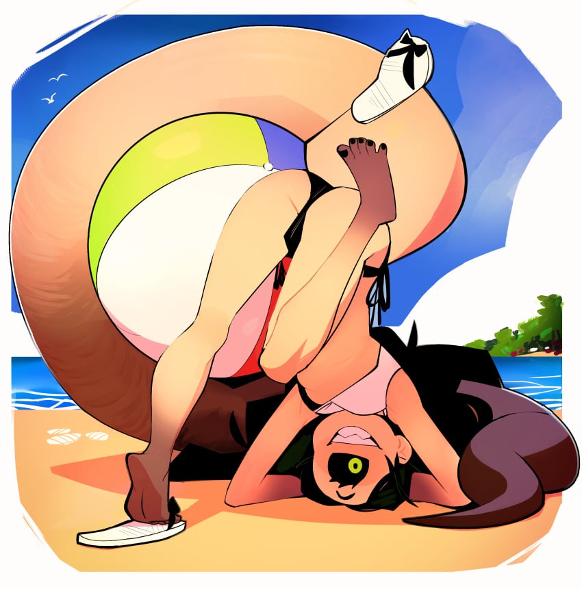 1_eye beach beach_ball black_hair black_sclera boonsky flip_flops girl green_eyes head_down_ass_up long_tail monster sandals tail tailclops_(species)