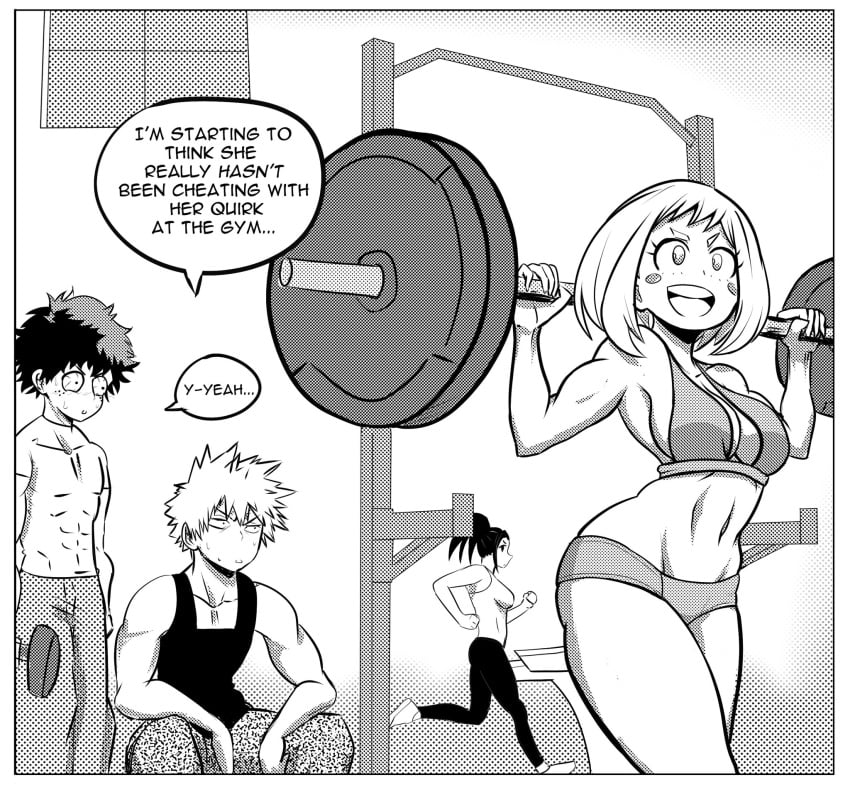 2boys 2girls abs bakugou_katsuki bare_arms bare_legs bare_shoulders bare_thighs big_breasts black_hair clothed deku english_text female fit_female gym gym_clothes gym_uniform hi_res katsuki_bakugou large_breasts light-skinned_female light_skin long_hair lummypixith male male/female midoriya_izuku momo_yaoyorozu muscles muscular muscular_female muscular_male my_hero_academia ochako_uraraka open_mouth short_hair sports_bra tagme text text_bubble thick_thighs weightlifting weights white_background workout_clothes