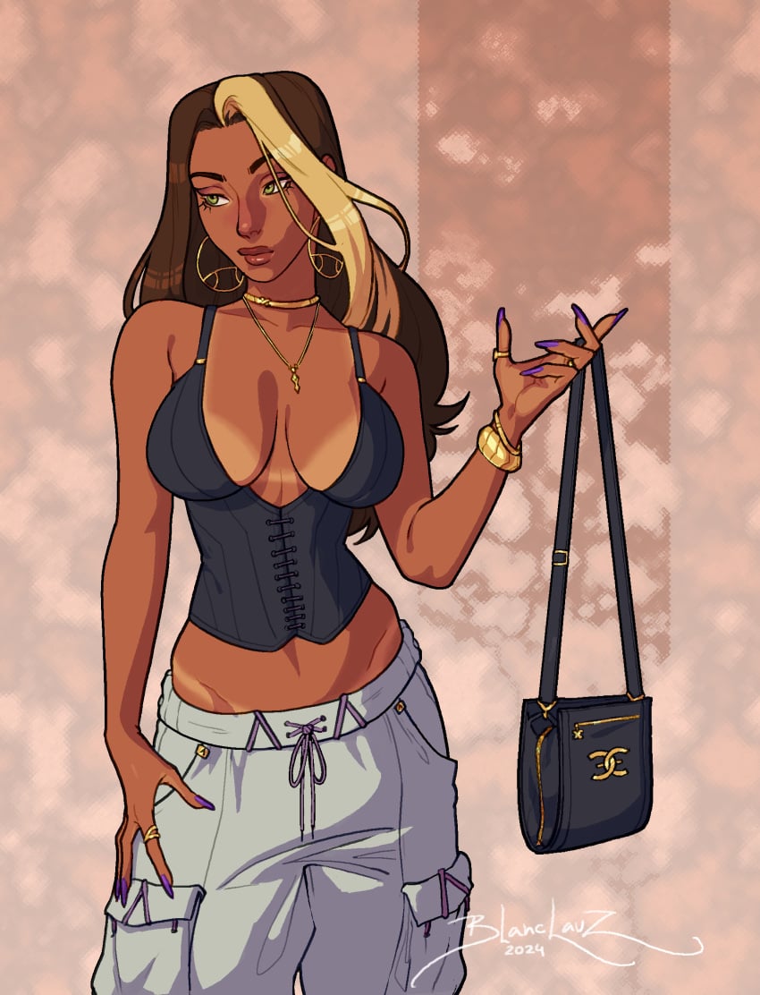 1girls artist_signature blanclauz bracelet brown_hair cargo_pants cleavage dark-skinned_female dark_skin earrings green_eyes jewelry large_breasts long_hair midriff milf necklace nina_(blanclauz) purple_nails purse ring solo tagme tanline two_tone_hair