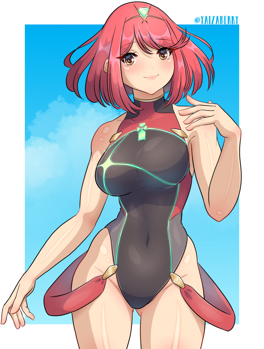 1girls breasts core_crystal female female_only nintendo pyra short_hair solo swimsuit xenoblade_(series) xenoblade_chronicles_2 yaizaberry