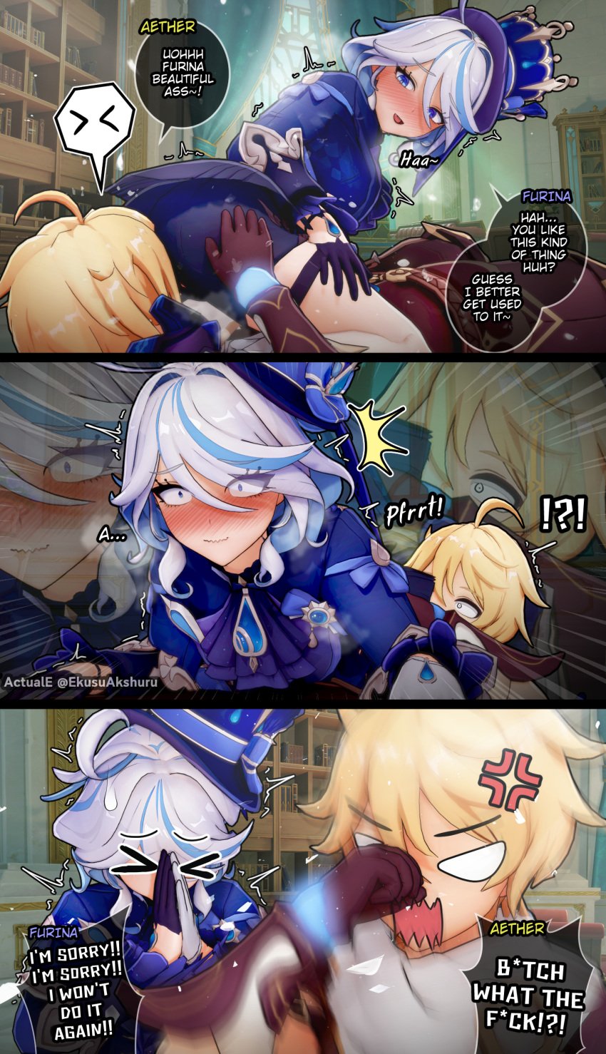 1boy 1girls 3d actuale aether_(genshin_impact) ass_on_face blonde_hair blue_eyes blush closed_eyes coat comic embarrassed english_text facesitting fart farting_in_face funny furina_(genshin_impact) genshin_impact gloves hat profanity shorts text_bubble tragic_fate white_hair wide_eyed