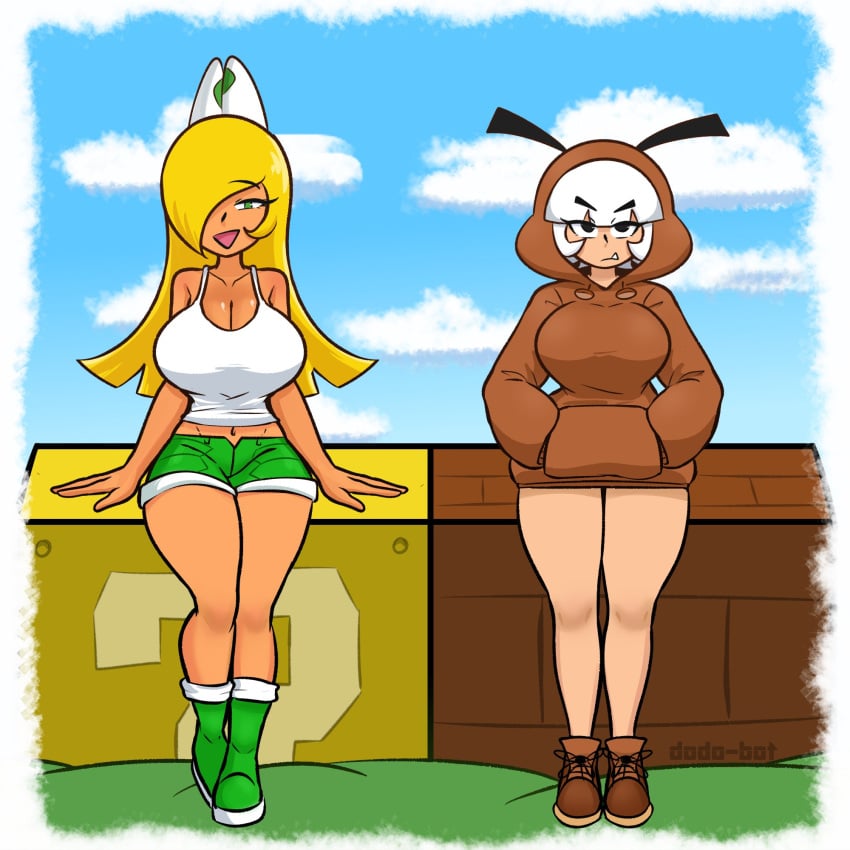 2girls bangs dodo-bot goomba goomba_girl jacket koopa koopa_girl mario_(series) multiple_girls outdoors super_mario_bros. tanned_skin white_hair yellow_hair