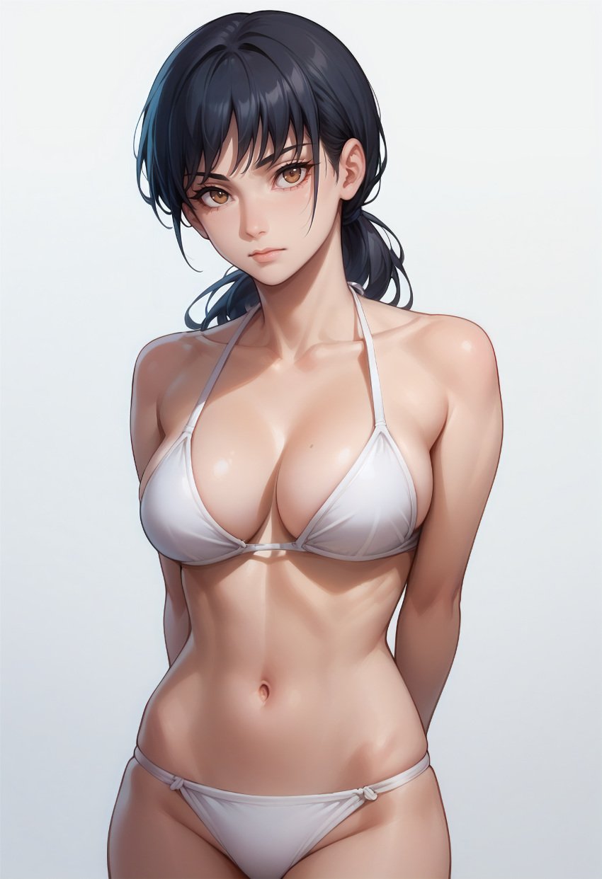 ai_generated big_breasts bikini black_hair brown_eyes chainsaw_man lxlbanner mitaka_asa simple_background white_bikini