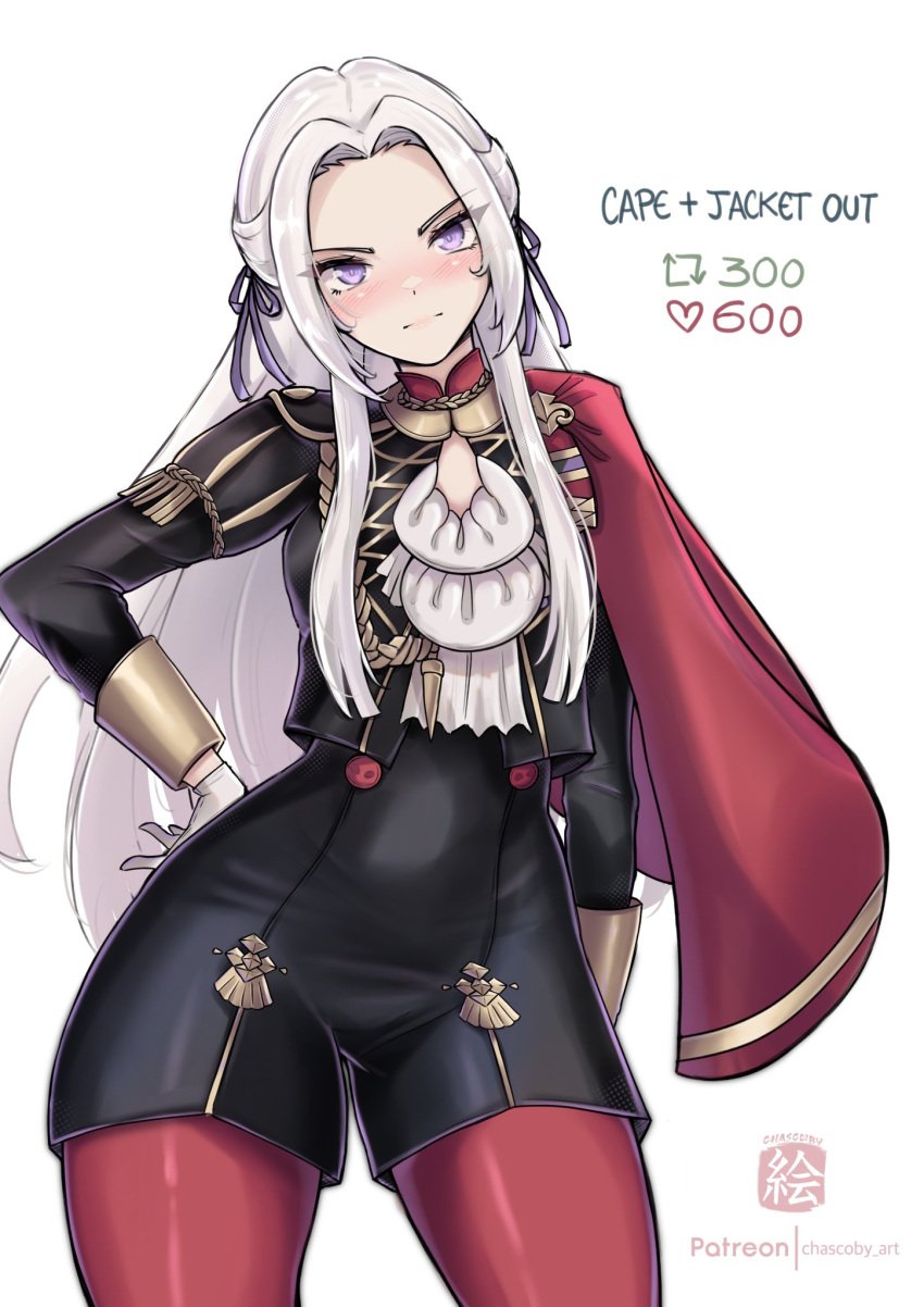 1girls artist_logo artist_name blue_eyes breasts cape chascoby edelgard_von_hresvelg english_commentary female female_only fire_emblem fire_emblem:_three_houses garreg_mach_monastery_uniform gloves grey_hair hair_ribbon hand_on_own_hip highres leggings long_hair looking_at_viewer medium_breasts meme nintendo purple_eyes red_cape red_leggings ribbon solo strip_game thighs twitter_strip_game_(meme) white_background white_gloves wide_hips