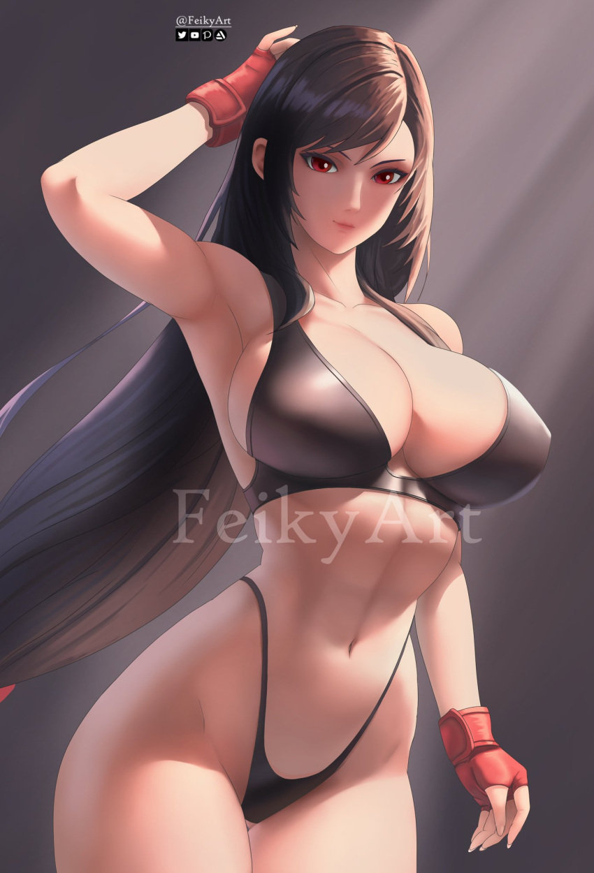 1girls bare_arms bare_legs bare_shoulders bare_thighs big_breasts bikini bikini_bottom bikini_top black_hair blush clothed clothing color feikyart female female_focus female_only final_fantasy final_fantasy_vii gloves hi_res large_breasts light-skinned_female light_skin long_hair red_eyes solo solo_female square_enix tagme thick_thighs tifa_lockhart