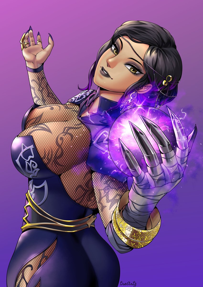 1girls abs athletic athletic_female big_breasts cleavage egyptian egyptian_female female female_only fit_female fully_clothed glowing_arm glowing_hand namco solo tekken tekken_8 tekken_tag_tournament_2 thotlerrr treartz voluptuous voluptuous_female zafina_(tekken)