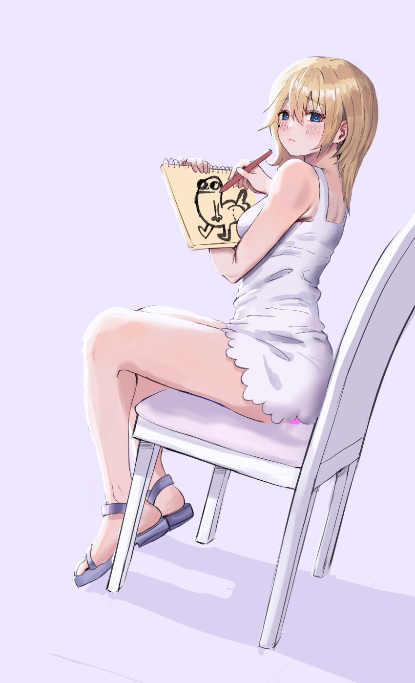 absurdres anal_insertion anal_masturbation awesomeerix blonde_hair chair dickbutt dildo dildo_chair dildo_in_ass dildo_reveal dildo_sitting drawing_(object) dress female highres holding holding_notepad kingdom_hearts kingdom_hearts_chain_of_memories meme namine no_panties notepad object_insertion open_toe_shoes pencil sandals sex_toy short_dress simple_background sitting solo