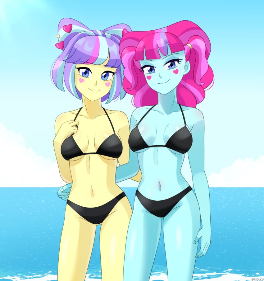 2girls beach bikini breasts commission equestria_girls female friendship_is_magic hasbro human kiwi_lollipop_(eg) looking_at_viewer my_little_pony navel ocean postcrush riouku supernova_zap_(eg) swimsuit water