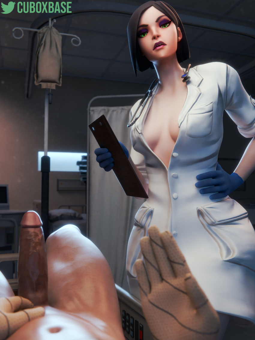 black_hair cuboxbase doctor female green_eyes hi_res highres looking_at_viewer lying_on_back male_pov nurse pov valorant viper_(valorant)