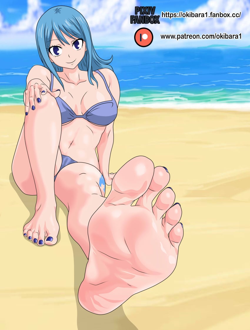 1girls 5_toes bare_soles barefoot beach bikini bikini_bottom bikini_top blue_bikini blue_bikini_bottom blue_bikini_top blue_eyes blue_hair blue_nails blue_tattoo breasts fairy_tail feet female female_only foot_focus juvia_lockser ocean okibara one_female only_female sea seaside soles solo solo_female sunshine tattoo toes