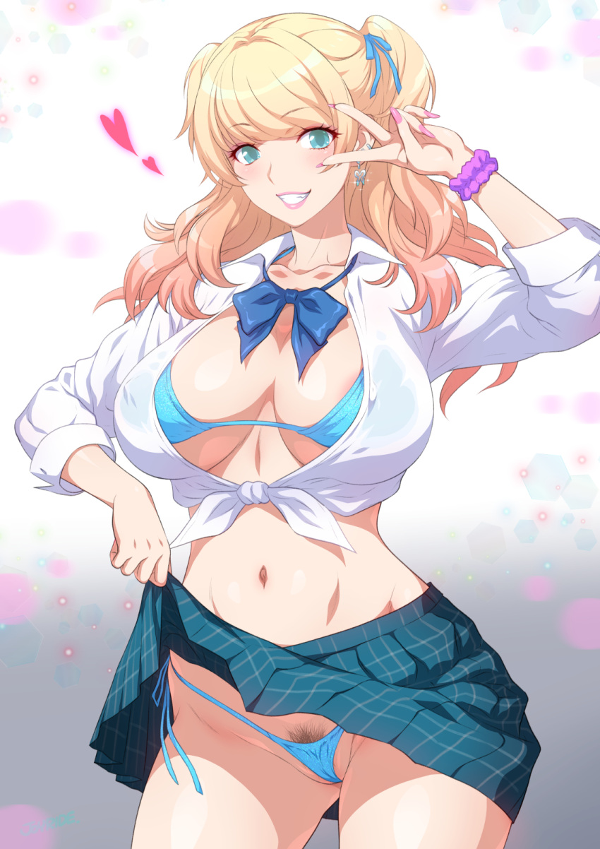 blonde_hair blue_bra blue_panties blue_skirt blush bra breasts cleavage clothes_lift earrings female female_pubic_hair fingernails gradient_hair green_eyes gyaru highres jewelry joy_ride large_breasts lifted_by_self long_fingernails long_hair long_sleeves looking_at_viewer multicolored_hair nail_polish navel original panties pink_hair pink_nails plaid plaid_skirt pleated_skirt pubic_hair pubic_hair_peek ribbon school_uniform scrunchie shirt side-tie_panties skirt skirt_lift sleeves_rolled_up smile solo standing tied_shirt two-tone_hair two_side_up underwear v wrist_scrunchie