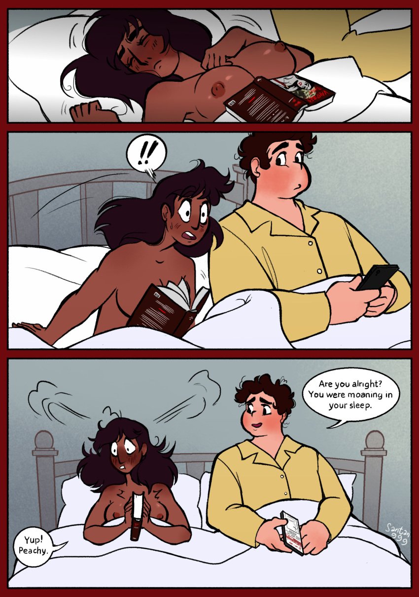 1boy 1boy1girl 1girls aged_up bed breasts brown_hair canon_couple cartoon_network comic connie_maheswaran curly_hair dark-skinned_female dark_hair dialogue embarrassed exposed_breasts female flustered hi_res indian_female light-skinned_male long_hair looking_at_partner male nipples perky_breasts santan999 sleeping sleeping_nude speech_bubble steven_quartz_universe steven_universe text waking_up wet_dream