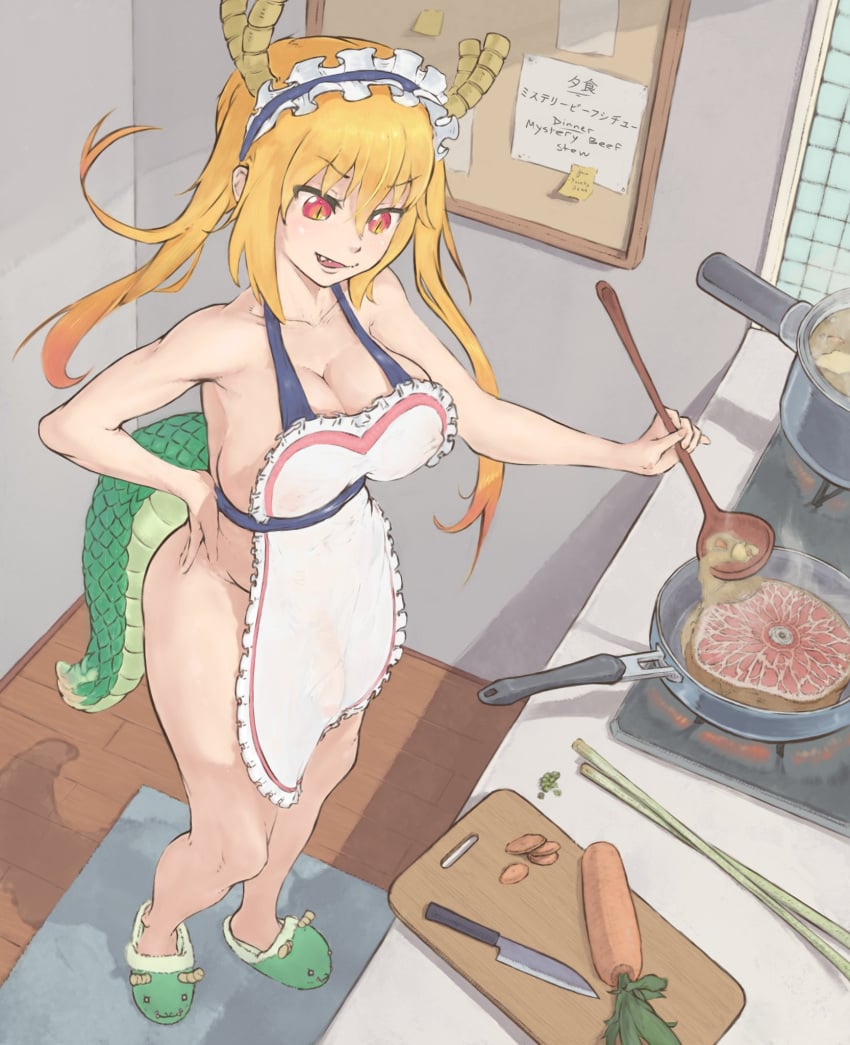 1futa anthro antlers apron_only beanpointy bulge_under_clothes cooking dragon_girl female futanari intersex kitchen kobayashi-san_chi_no_maidragon large_breasts miss_kobayashi's_dragon_maid pointy_bean slippers stove tail tohru_(dragon_maid)