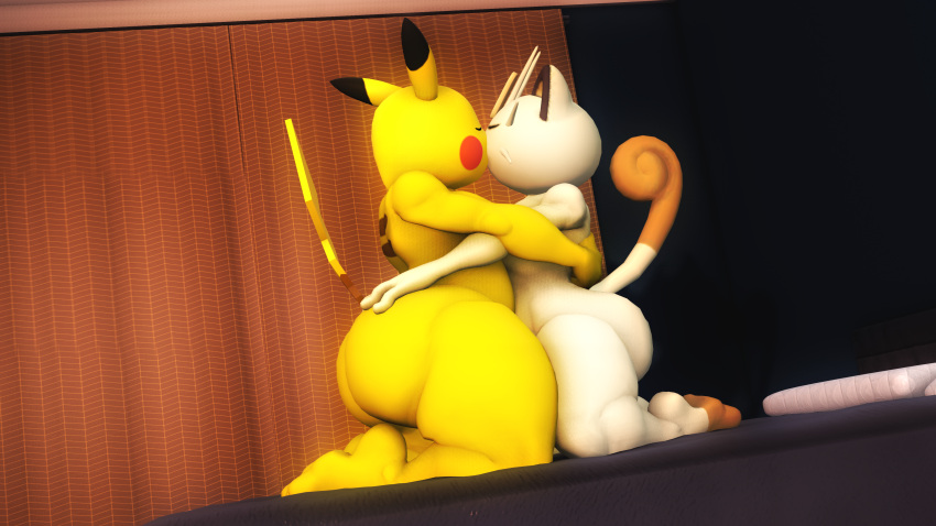 2boys 3d_(artwork) abs anthro anthro_on_anthro anthrofied ass ass_grab big_ass bottomless bottomless_male completely_nude completely_nude_male furry gay kissing koban_(coin) making_out male male/male meowth muscular muscular_anthro muscular_male nude nude_male pikachu pokémon_(species) pokemon saiyangoku4_(artist) sfm source_filmmaker tail whiskers