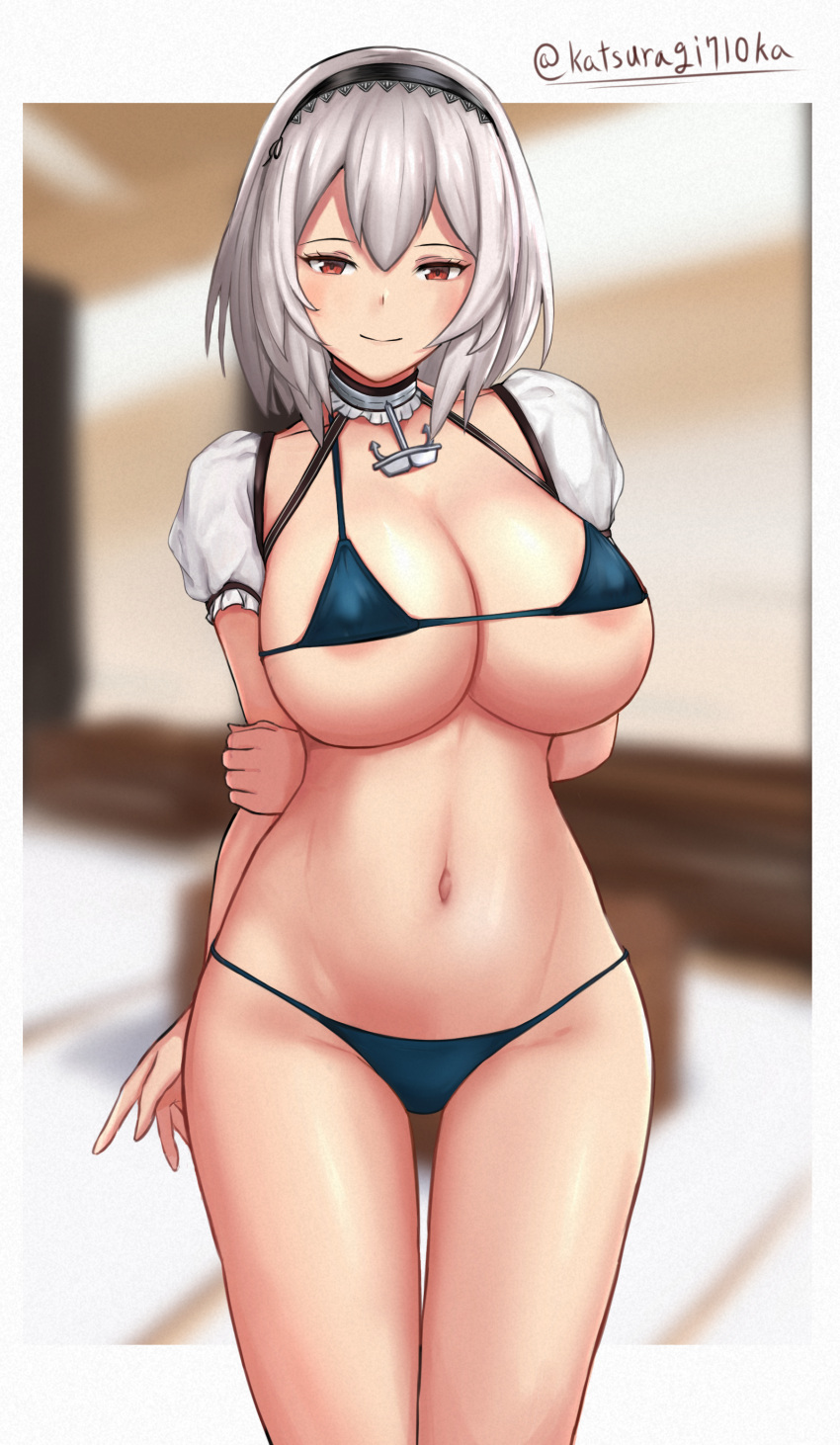 absurdres alternate_costume anchor_choker areola_slip artist_name azur_lane bad_id bad_pixiv_id bikini black_hairband blue_bikini breasts covered_nipples female hairband highres katsuragi_nantoka large_breasts looking_at_viewer micro_bikini red_eyes short_sleeves sirius_(azur_lane) solo string_bikini swimsuit white_hair white_sleeves