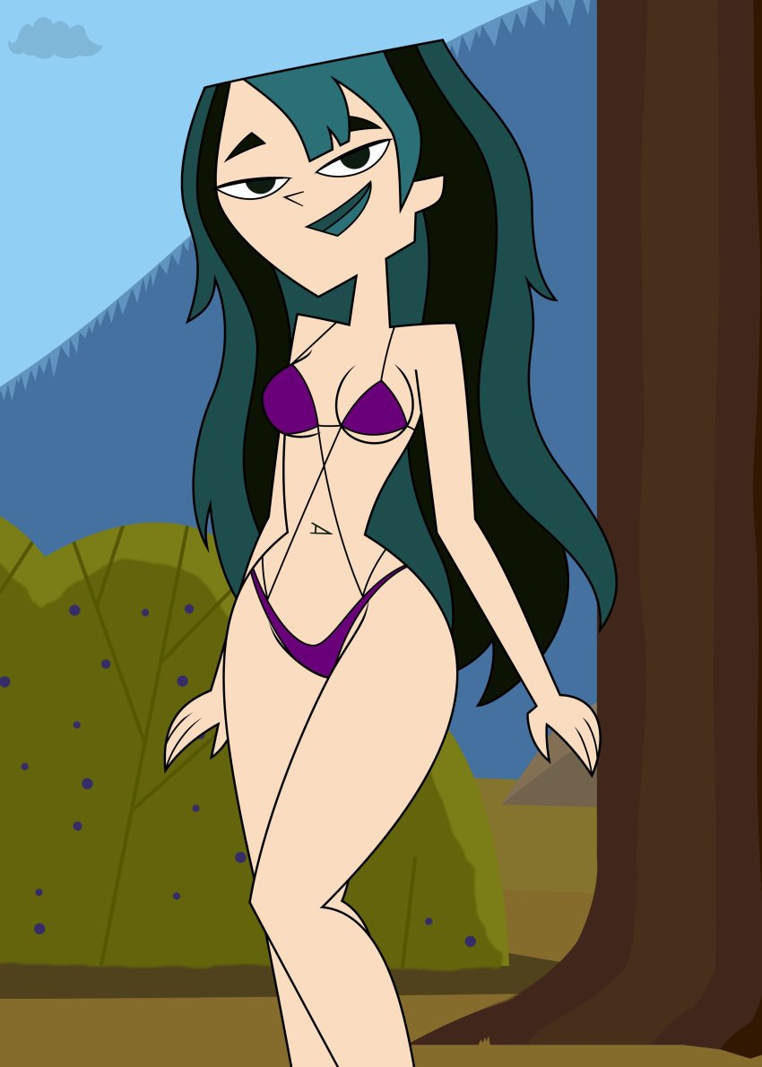 1girls 2d absurd_res accurate_art_style alternate_hairstyle alternate_version_at_source alternate_version_available female female_focus female_only goth goth_girl gwen_(tdi) hi_res long_hair looking_at_viewer purple_bikini smile solo solo_female solo_focus tjlive5 total_drama_island