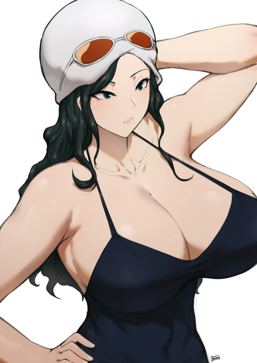 1girls alternate_breast_size batako black_hair breasts cleavage dressrosa female female_only hat hi_res huge_breasts light-skinned_female light_skin long_hair massive_breasts naughty_face nico_robin one_piece post-timeskip simple_background