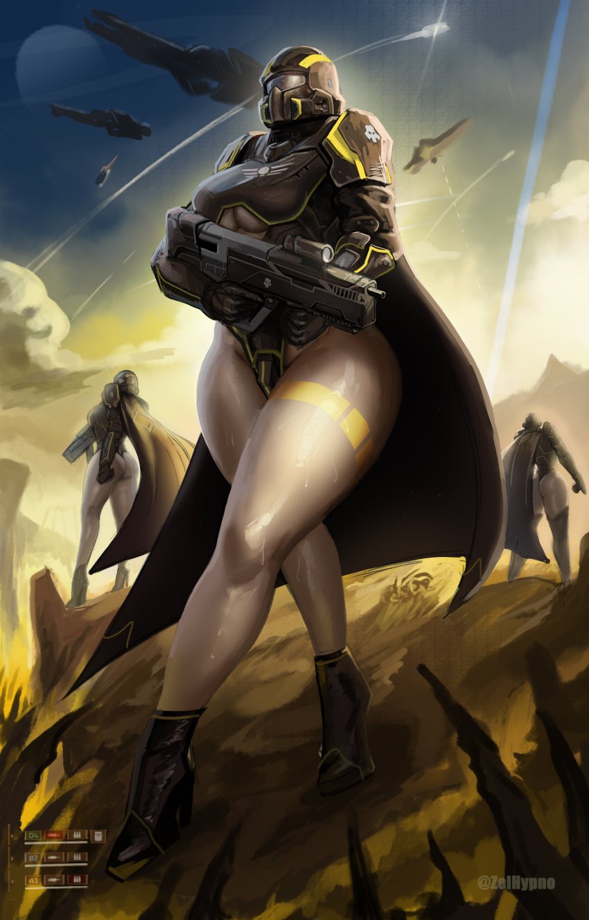 2024 2d 2d_(artwork) 3girls armor ass big_ass big_butt big_thighs breasts cape cleavage female female_focus female_only gun helldiver_(helldivers) helldivers helldivers_2 helmet hi_res high_heels highres hips hourglass_figure large_ass large_butt large_thighs leotard light-skinned_female light_skin military multiple_girls outdoors sweat sweatdrop sweating sweaty thick_thighs thighs underboob walking wide_hips zelhypno