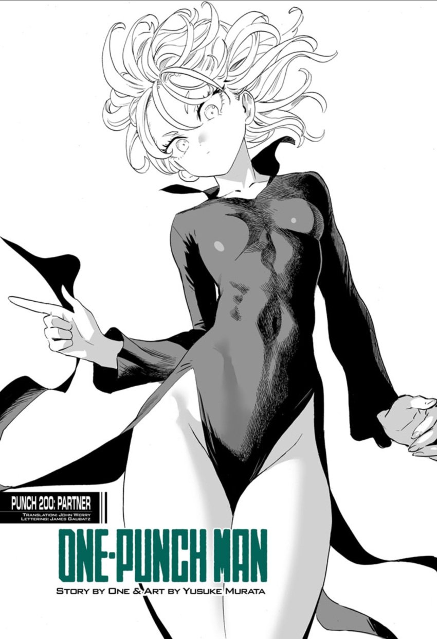 1girls belly_button black_and_white black_dress female looking_at_viewer looking_down monochrome murata_yuusuke official_art one-punch_man simple_background small_breasts split_dress tatsumaki thighs tight_clothing white_background wide_hips