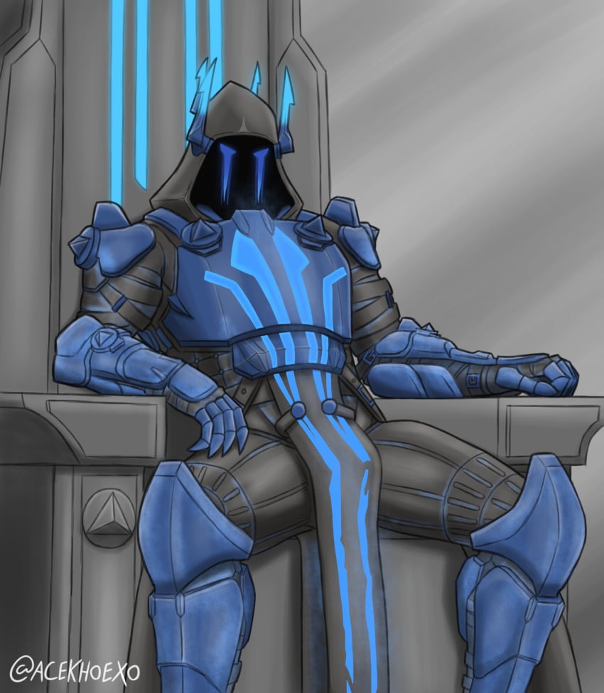 5_fingers acekhoexo arm_down armor black_body blue_markings bulge bulge_through_clothing clawed_fingers claws digital_media_(artwork) faceless_male fortnite glowing_eyes helmet highres humanoid ice_king ice_king_(fortnite) knight loincloth loincloth_bulge looking_at_viewer male male_only masked masked_men muscular muscular_male signature sitting solo_male stone throne warrior