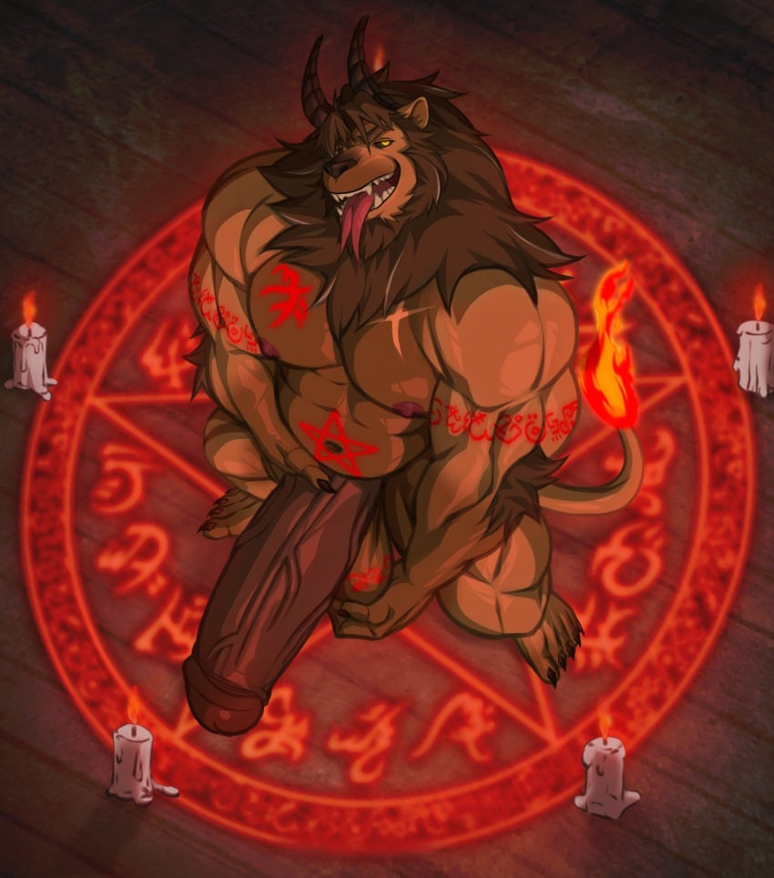 2024 abs anthro areola balls barazoku beard bedroom_eyes belly biceps big_balls big_muscles big_penis bird's-eye_view bozi candle claws deltoids demon erection eyebrows facial_hair felid felid_demon feline_demon fire flaming_tail floor forked_tongue fur genitals hair hi_res high-angle_view horn huge_balls huge_cock huge_muscles humanoid_genitalia humanoid_penis lion lion_demon long_penis looking_at_viewer male mammal mane markings musclegut muscular muscular_anthro muscular_male narrowed_eyes navel nipples nude occult_symbol open_mouth open_smile pantherine pecs penis pentagram plantigrade presenting presenting_penis runes saggy_balls scar seductive sharp_teeth smile solo standing summoning_circle symbol tail teeth thick_penis tongue tongue_out tuft vein