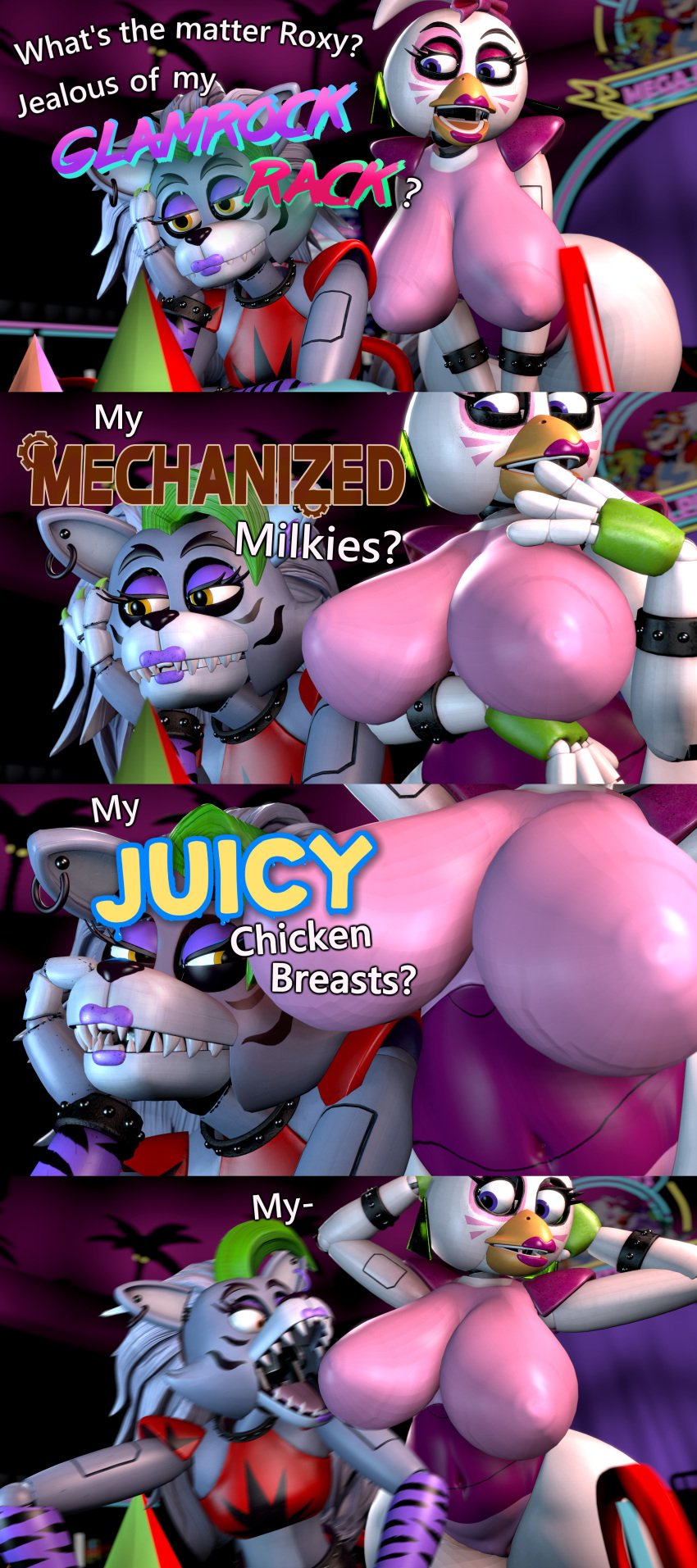 2girls 3d 3d_(artwork) big_breasts breastless casual casual_nudity chickenchicalover comic female female_only five_nights_at_freddy's five_nights_at_freddy's:_security_breach flat_chest glamrock_chica_(fnaf) huge_ass huge_breasts imminent_bite jealous long_image nipples_visible_through_clothing no_bra no_underwear public public_nudity robot robot_girl roxanne_wolf_(fnaf) sideass teasing