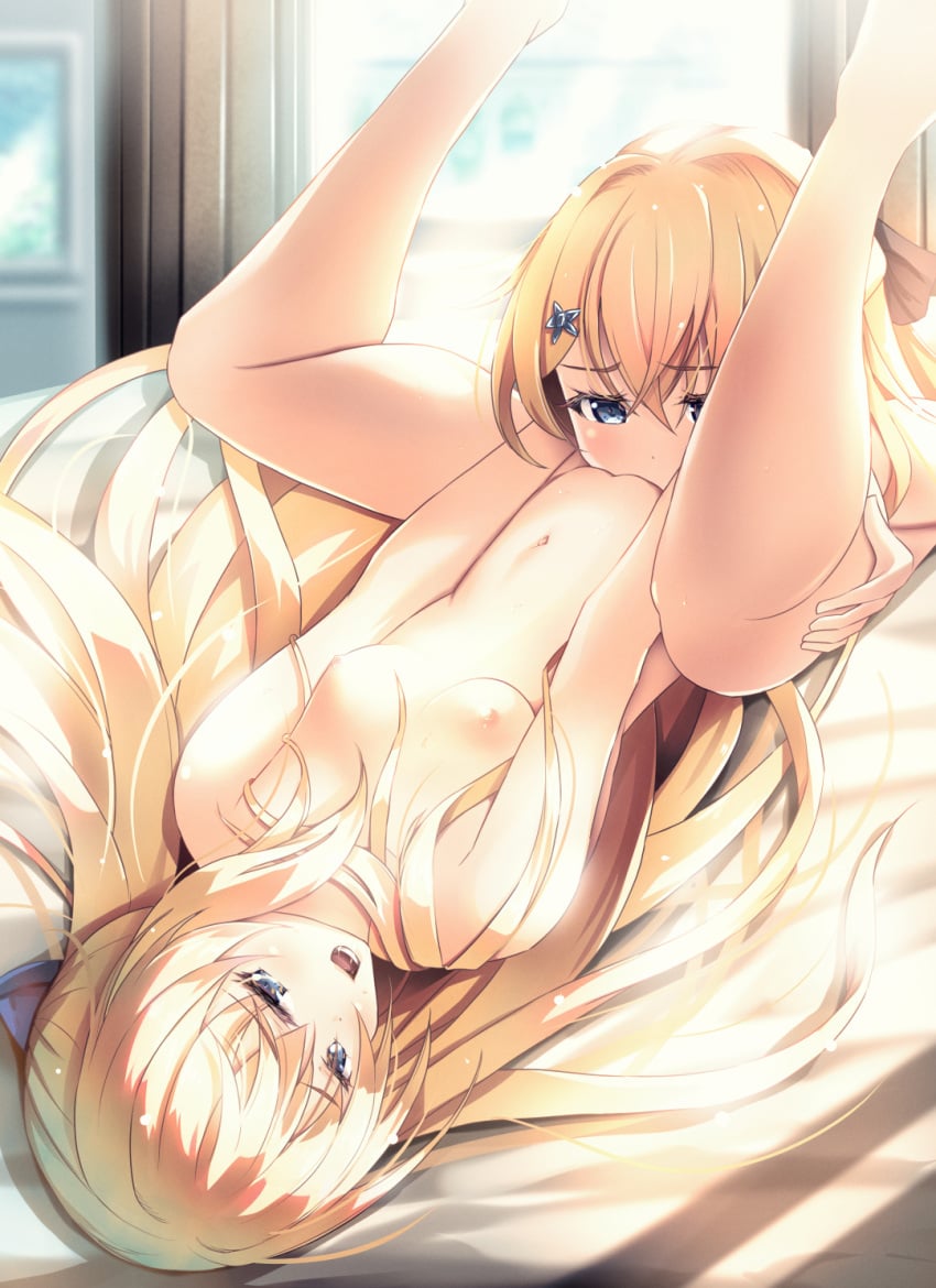 2girls blonde_hair breasts completely_nude cunnilingus gc3 goblin_slayer hair_ornament highres legs_up long_hair lying multiple_girls navel nude on_back oral priestess_(goblin_slayer!) priestess_(goblin_slayer) princess_(goblin_slayer!) pussy small_breasts sword_maiden_(goblin_slayer) yuri