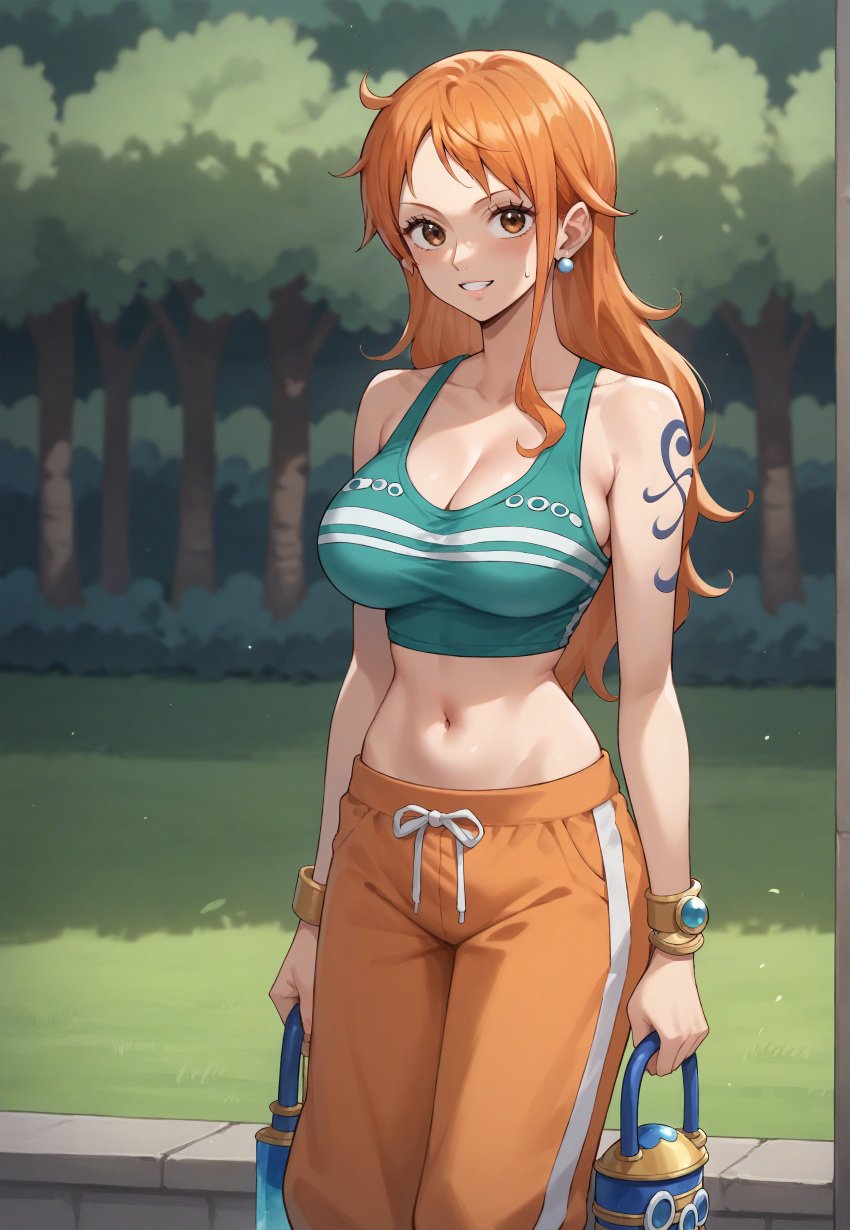 ai_generated belly belly_button female female_only green_bra long_hair looking_at_viewer nami nami_(one_piece) navel one_piece orange orange_hair orange_pants post-timeskip robinlover smile smiling smiling_at_viewer standing tagme