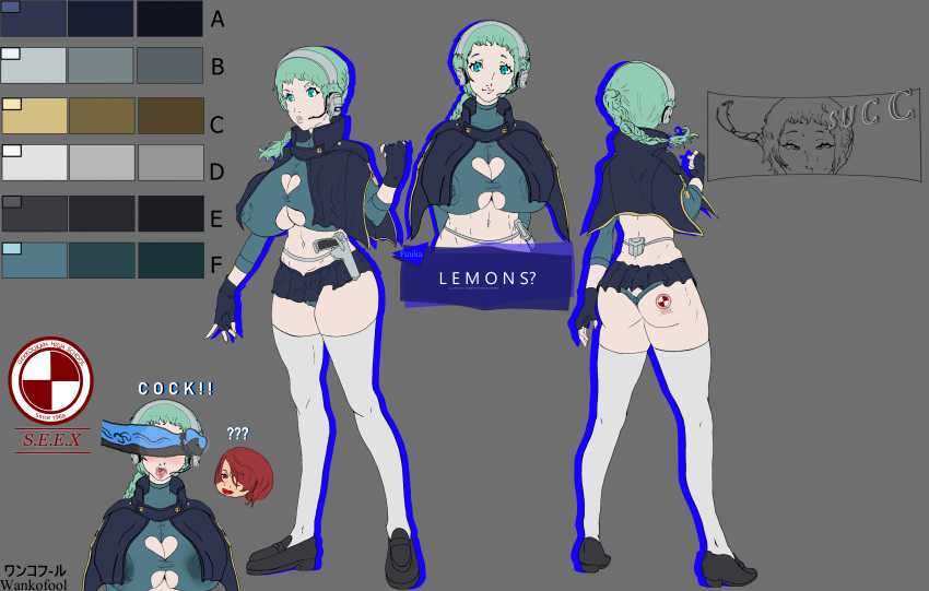 big_breasts blue_eyes blue_hair character_sheet fuuka_yamagishi headgear headwear heart_cutout huge_breasts miniskirt persona persona_3 persona_3_reload thick_ass thick_thighs wankofool yamagishi_fuuka