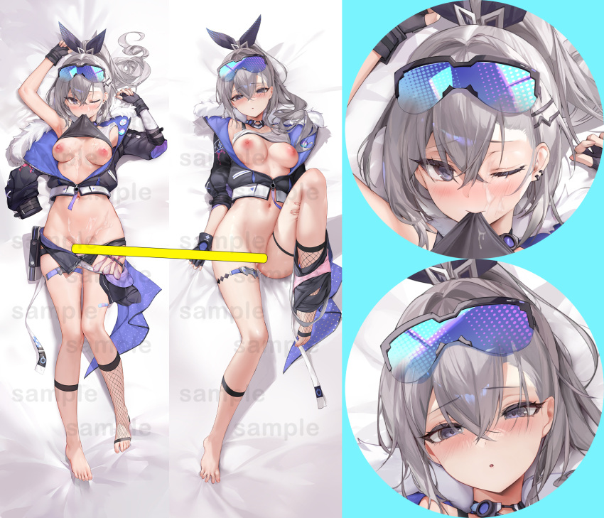 black_gloves black_ribbon black_shorts black_socks blush breasts censored clothes_pull cum cum_on_body cum_on_breasts daefny dakimakura_(medium) ear_piercing facial female fingerless_gloves fishnet_socks fishnets fur-trimmed_jacket fur_trim gloves goggles goggles_on_head grey_hair hair_between_eyes hair_ornament hair_ribbon hairclip highres honkai:_star_rail honkai_(series) jacket looking_at_viewer lying medium_breasts mouth_pull multiple_views nipples on_back one_eye_closed parted_lips piercing ponytail ribbon sample_watermark shorts shorts_pull silver_wolf_(honkai:_star_rail) single_sock socks watermark