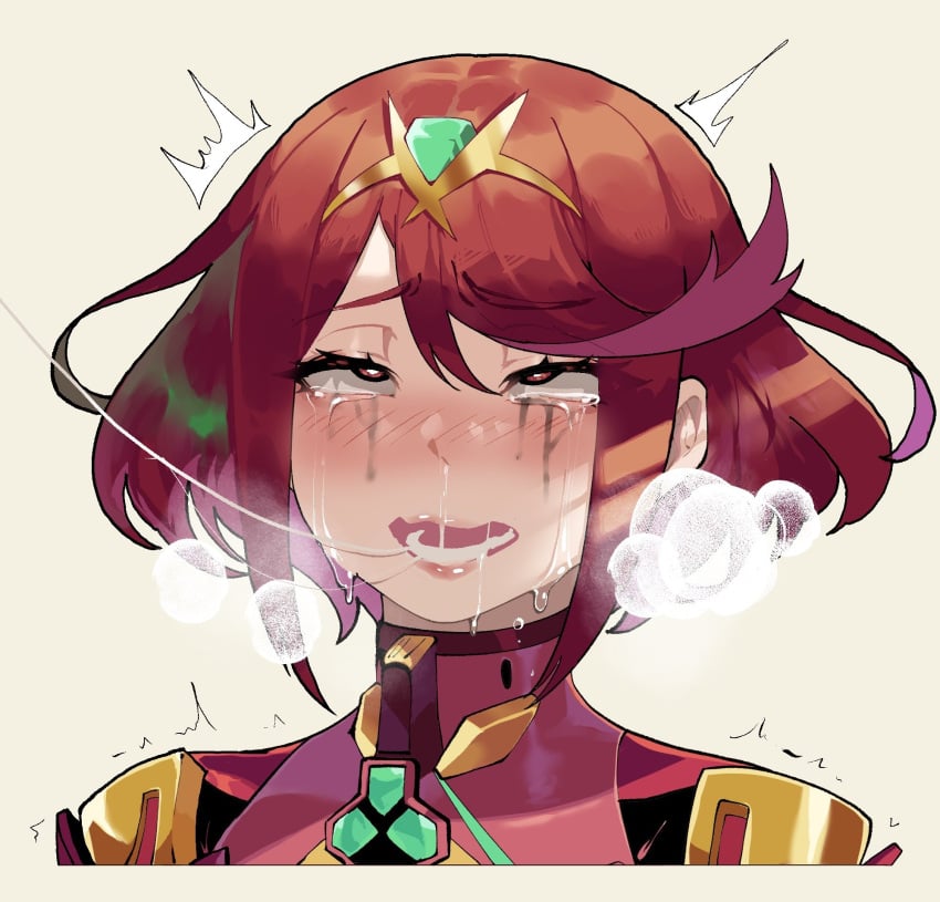 1girls 2d after_kiss ahe_gao bad_id bad_twitter_id chest_jewel crying drooling female highres light-skinned_female light_skin lips makeup mascara mind_break nintendo open_mouth pale-skinned_female pale_skin portrait pyra pyra_(xenoblade) red_eyes red_hair rolling_eyes runny_makeup saliva saliva_trail short_hair solo swept_bangs tears teeth thiccwithaq tiara tongue xenoblade_(series) xenoblade_chronicles_(series) xenoblade_chronicles_2