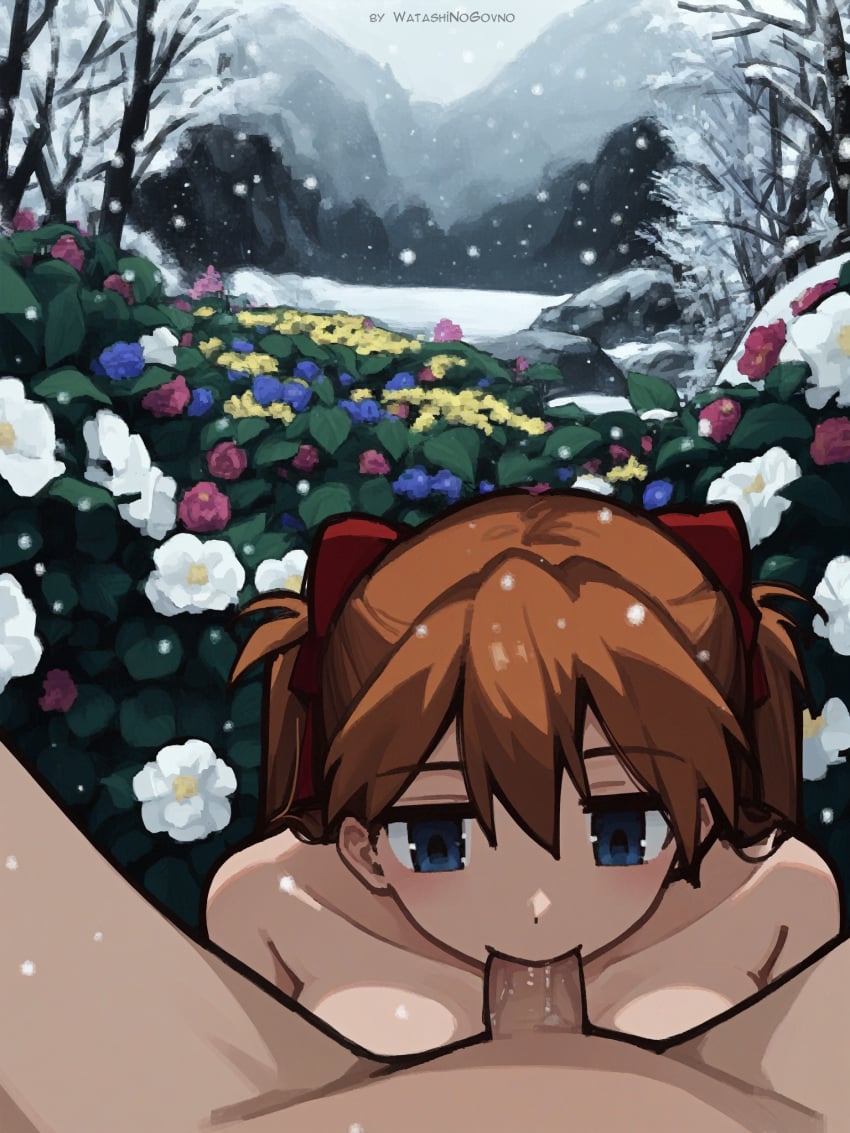 1boy ai_generated asuka_langley_sohryu completely_nude fellatio female flower nature neon_genesis_evangelion nude oral outdoors penis pov pov_male snow snowing solo_focus straight twintails watashinogovno winter