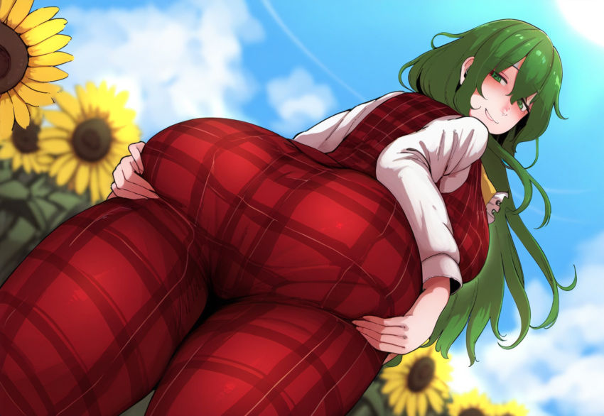 1girls 2d 4chan ai_generated ass ass_focus ass_grab big_ass dat_ass day dumptruck_ass fat_ass female from_behind giant_ass grabbing grabbing_ass grabbing_own_ass green_eyes green_hair hips huge_ass large_ass long_hair looking_back outdoors pants shirt smile smiling solo sunflower sunflower_field sunflowers thick_thighs thighs touhou touhou_(pc-98) wide_hips yuka_kazami