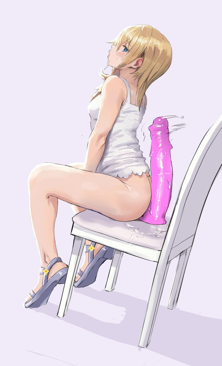 absurdres after_masturbation ass awesomeerix blonde_hair blue_eyes blush chair dildo dildo_reveal dress female highres huge_dildo kingdom_hearts kingdom_hearts_chain_of_memories medium_hair namine no_panties open_toe_shoes pussy_juice sandals sex_toy short_dress simple_background sitting solo sweat