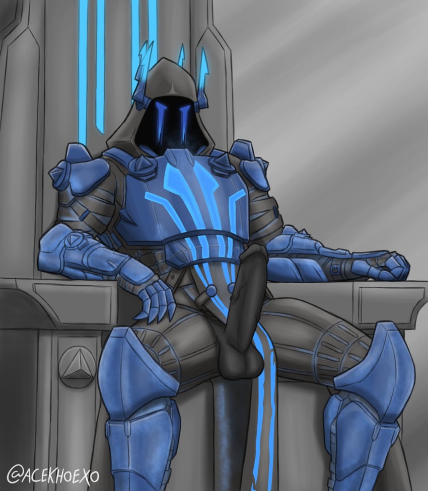 5_fingers acekhoexo arm_down armor balls big_penis black_balls black_body black_glans black_penis blue_markings bulge bulge_through_clothing clawed_fingers claws digital_media_(artwork) faceless_male fortnite glowing_eyes helmet highres humanoid ice_king ice_king_(fortnite) knight loincloth loincloth_bulge looking_at_viewer male male_only masked masked_men muscular muscular_male nude nude_male penis	 signature sitting solo_male stone throne veiny_penis warrior