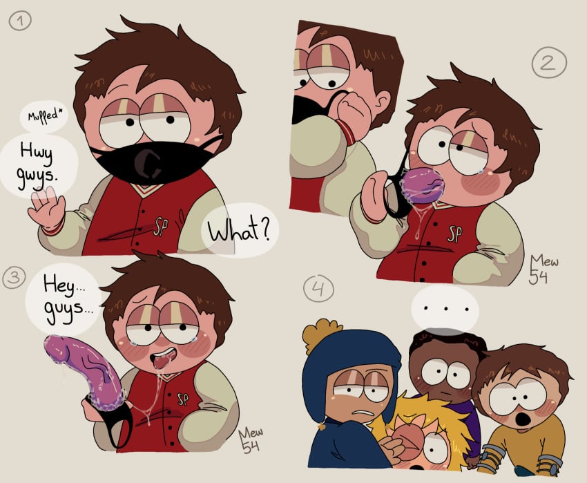 blush blush_lines clyde_donovan comic covering_eyes craig_tucker dildo dildo_in_mouth dildo_mask jimmy_valmer mask mew54 simple_background south_park speech_bubble tearing_up tears text token_black tweek_tweak what