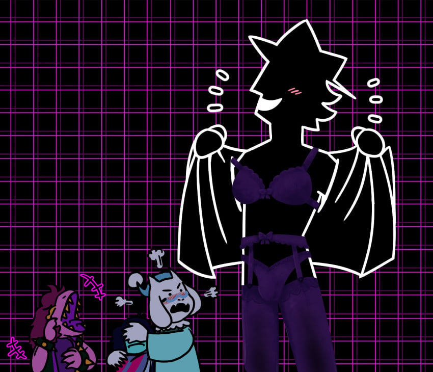 2022 battle_background blush boubatew bra covering_eyes crossdressing darkner deltarune deltarune_chapter_3 flustered full_color garter_belt garter_straps kris_(deltarune) laughing lingerie male_focus open_jacket panties self_upload shadow_man_(deltarune) stockings susie_(deltarune) toriel wearing_others_clothes