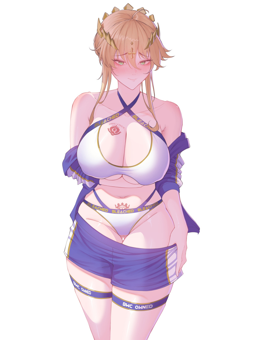 1girls alfa_(alpharig) artoria_pendragon artoria_pendragon_(lancer) artoria_pendragon_(lancer_alter)_(fate) big_breasts bleached bleached_clothing blonde_hair blush embarrassed fate/grand_order fate_(series) green_eyes queen_of_hearts shorts swimsuit tattoo white_background white_female