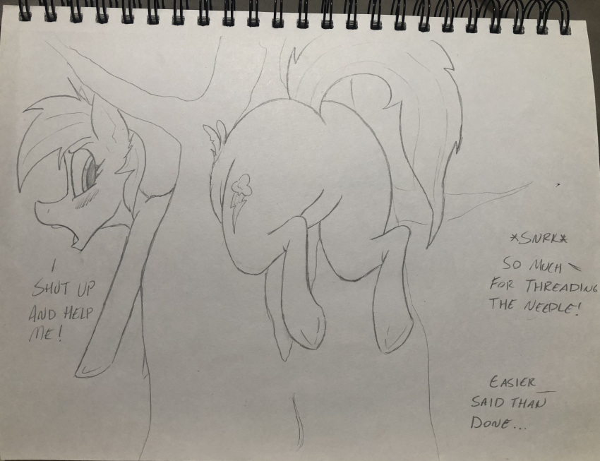 ass big_ass big_butt blush blush_lines blushing cutie_mark dynamo1940 english english_text equine exposed exposed_ass featureless_crotch female feral friendship_is_magic hasbro humiliation monochrome my_little_pony rainbow_dash_(mlp) stuck stuck_in_object stuck_in_tree tail text through_wall traditional_media_(artwork) tree