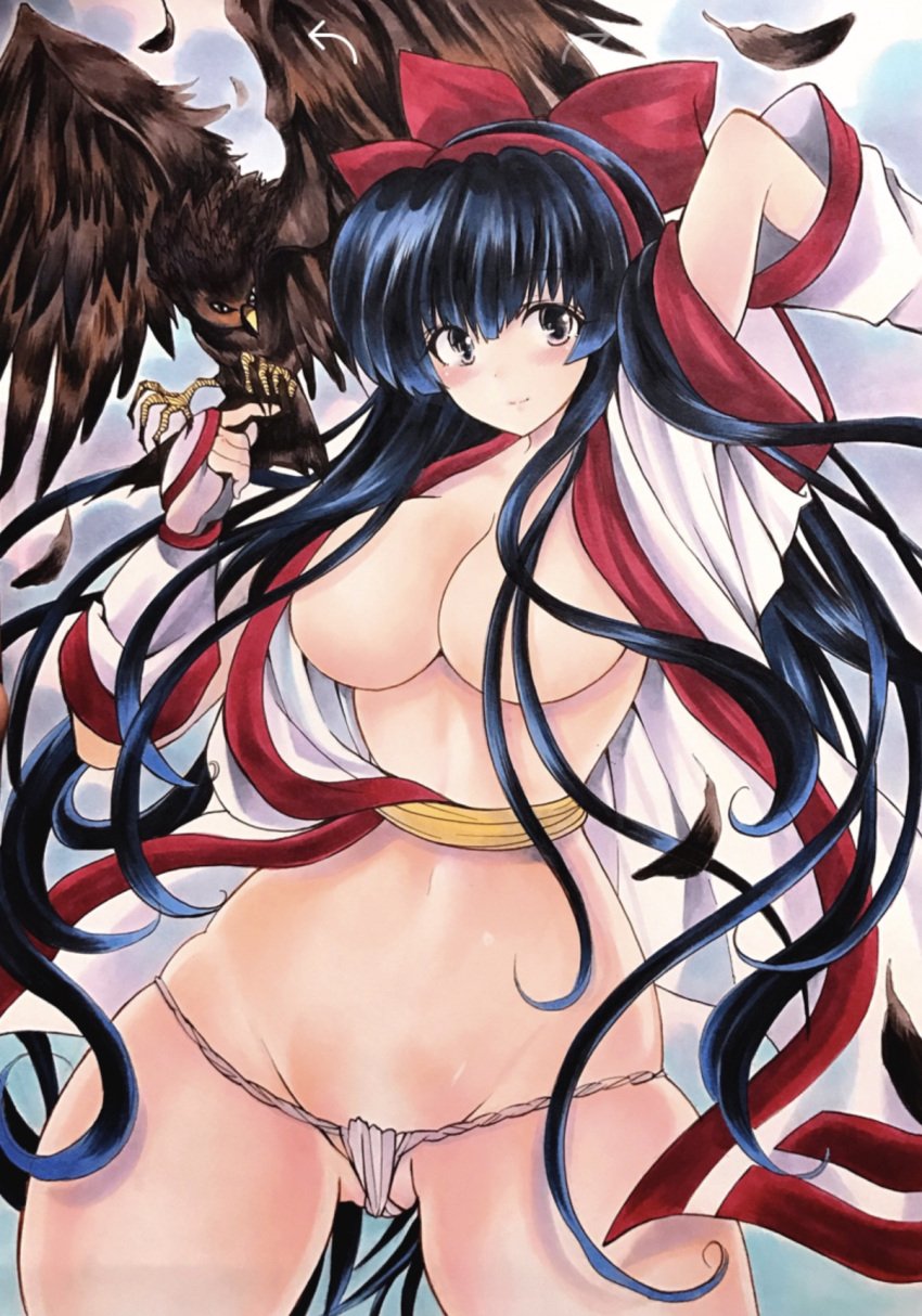 1girls ainu_clothes armpits big_breasts blue_eyes blue_hair busty cleavage convenient_censoring female fundoshi hair_ribbon large_breasts legs long_hair mamahaha nakoruru navel no_bra open_clothes samurai_shodown smile snk thighs traditional_media_(artwork) voluptuous