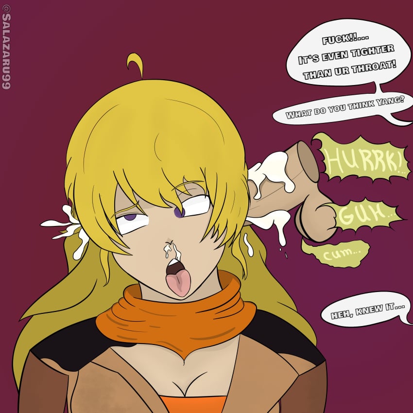 ahe_gao blonde_hair brain_fuck cum cum_in_ear cum_in_nose dialogue ear_penetration ear_sex english_text mind_break rolling_eyes rwby salazaru text tongue_out yang_xiao_long