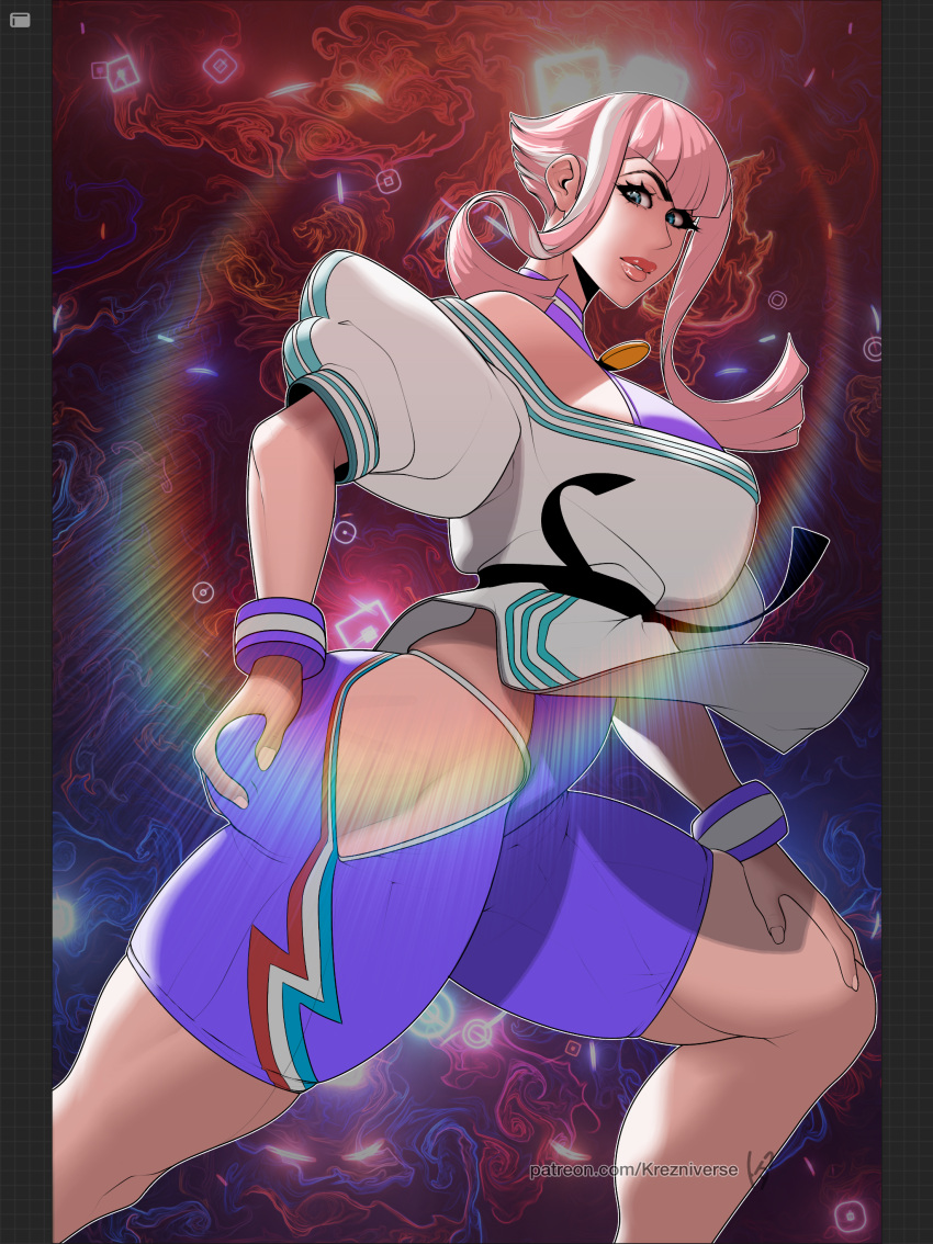 1girls alternate_breast_size belt big_lips black_belt blue_eyes clothed female female_only grabbing_own_ass hand_on_ass highres human krezlit krezniverse lens_flare long_hair long_sidelocks looking_at_viewer manon_legrand martial_arts_uniform parted_lips pink_hair pixie_cut_with_long_locks sidelocks skin_tight solo street_fighter street_fighter_6 thick_thighs url voluptuous