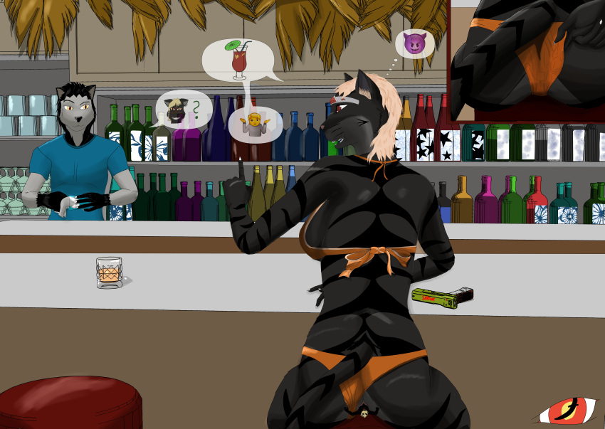 absurd_res bar bar_keeper beach_bar bikini blackreaper_bk201 butt_crush buttcrush drink fur furry khajiit macro micro micro_macro shrinkray sitting trapped_in_clothing