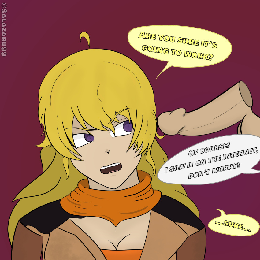 angry_face blonde_hair dialogue english_text penis purple_eyes rwby salazaru text yang_xiao_long yellow_hair