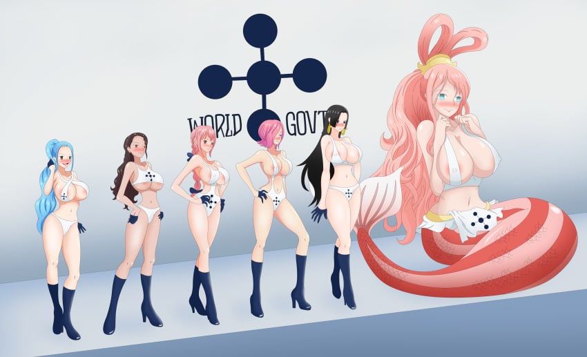 6+girls absurdres alternate_costume areola_slip areolae blank_eyes blue_hair boa_hancock boots branding_mark breasts enemy_conversion female female_focus female_only femsub hand_on_hip happy_trance height_difference hypnotized marine marine_(one_piece) mermaid mind_control multiple_girls multiple_subs nefertari_vivi one-piece_swimsuit one_piece pink_hair princess rebecca_(one_piece) shirahoshi swimsuit vinsmoke_reiju viola_(one_piece) zapaba