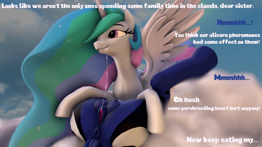 16:9 2023 3d 3d_(artwork) 4k 69_position absurd_res alicorn all_fours animal_genitalia anus ass big_butt bodily_fluids clitoral_winking clitoris cloud cloudscape comic crotch_breasts crotchboobs cunnilingus dialogue digital_media_(artwork) dock docked_tail duo english_text enjoying enjoyment equid equine erect_nipples female female/female feral feral_on_feral friendship_is_magic from_front_position genital_fluids genitals hair hand_on_butt hasbro hi_res hooves horn horse incest incest_play licking looking_aside looking_at_another looking_pleasured love lying mammal my_little_pony nipples olkategrin on_back on_bottom on_cloud on_front on_top oral plump_labia pony princess_celestia_(mlp) princess_luna_(mlp) puffy_anus pussy pussy_juice raised_tail romantic saliva saliva_on_pussy saliva_on_tongue saliva_string sex short_tail sibling sister sisters sky smile source_filmmaker spread_legs spread_wings spreading tail tail_aside talking_to_another talking_to_partner text thick_thighs tongue tongue_out vaginal_penetration wavy_hair wide_hips widescreen wings yuri