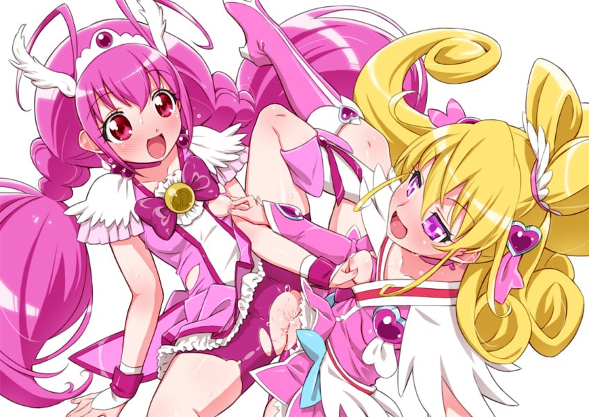 2girls :d aida_mana bike_shorts blonde_hair blush breasts clothed_sex clothing cure_happy cure_heart curly_hair dokidoki!_precure hoshizora_miyuki long_hair magical_girl multiple_girls nipple_tweak nipples pink_hair precure pretty_cure pussy_juice red_eyes senzoc shorts simple_background small_breasts smile smile_precure torn_bike_shorts torn_clothes tribadism twintails white_background young yuri