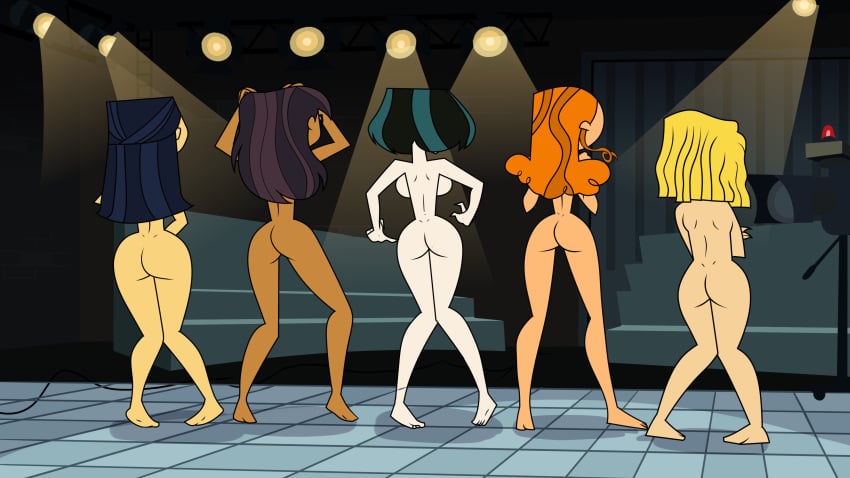 accurate_art_style carrie_(tdi) covering_breasts covering_crotch deadinside97 ellody_(tdi) embarrassed embarrassed_nude_female emma_(tdi) feet female group gwen_(tdi) izzy_(tdi) knees_together_feet_apart naked naked_female nude the_ridonculous_race total_drama_island